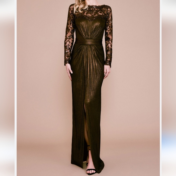 Tadashi Shoji Vin Long-Sleeve Metallic Pintuck Maxi Gown in